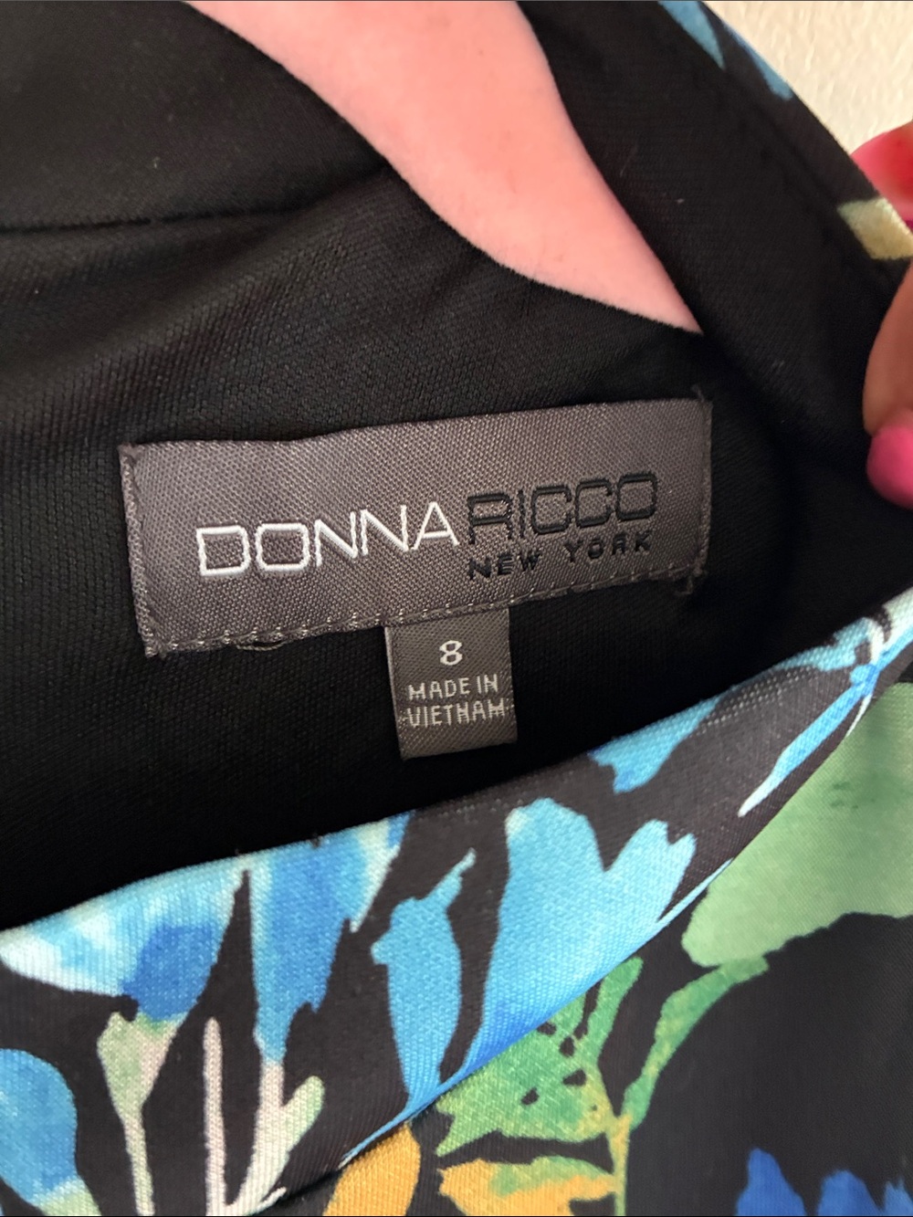 Donna Ricco Black Floral Long-Sleeve Fit & Flare Dress with Blue and Red Blooms - Picture 2 of 3